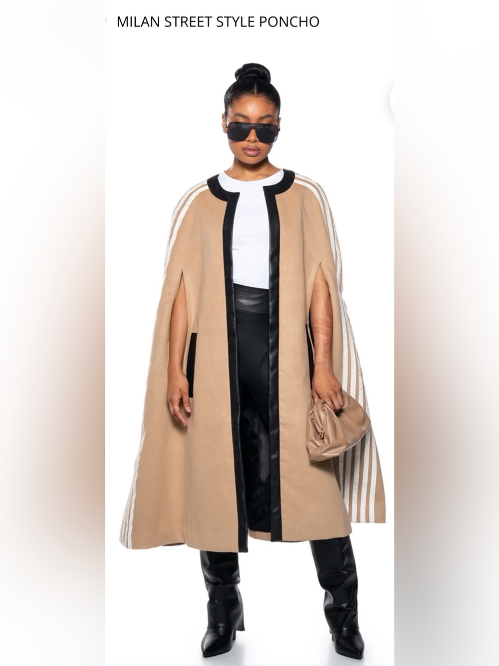 AKIRA Milan Street Style Poncho With Black Trim And White Stripes